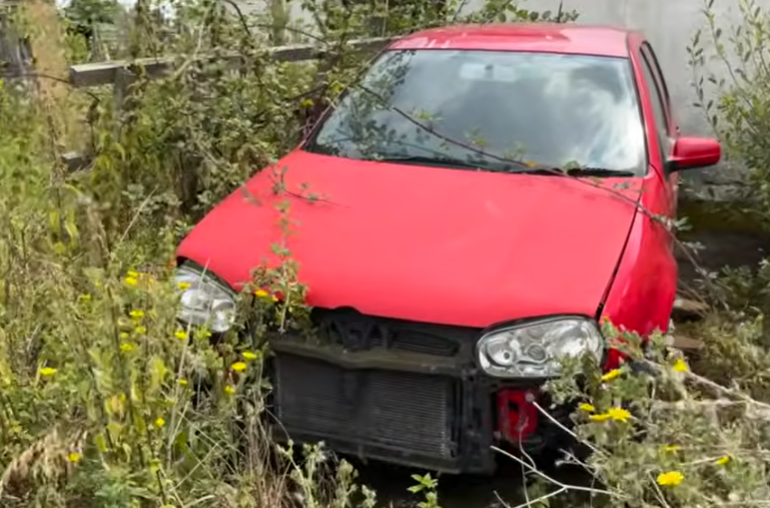 a red car is sitting in a field of tall grass