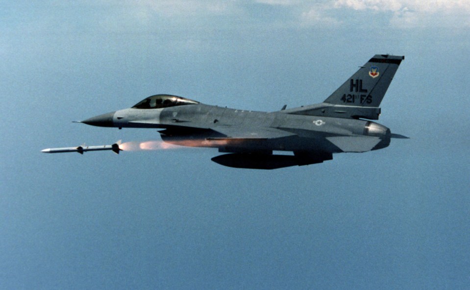 An F-16 from 421st Fighter Squadronfiring an AIM-120 Advanced Medium Range Air-to-Air Missile (AMRAAM)