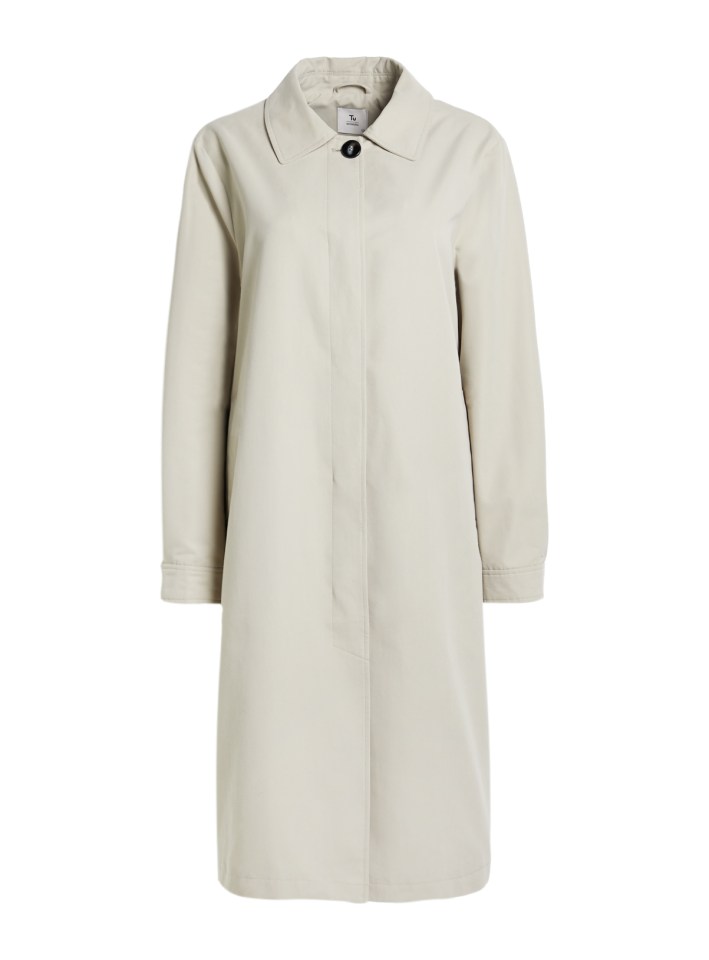 a white trench coat with a black button on the front