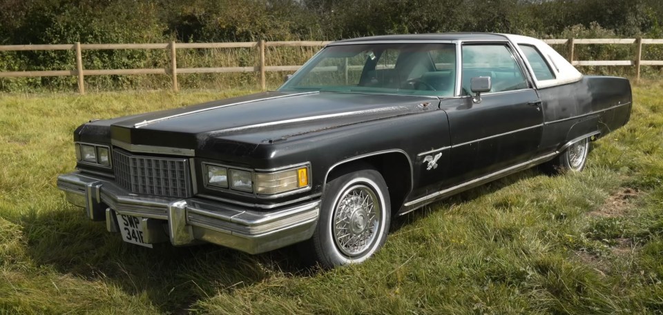 a black cadillac is parked in a grassy field