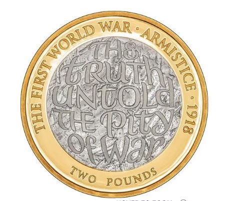 The coin is inscribed with words from the poet Wilfred Owen