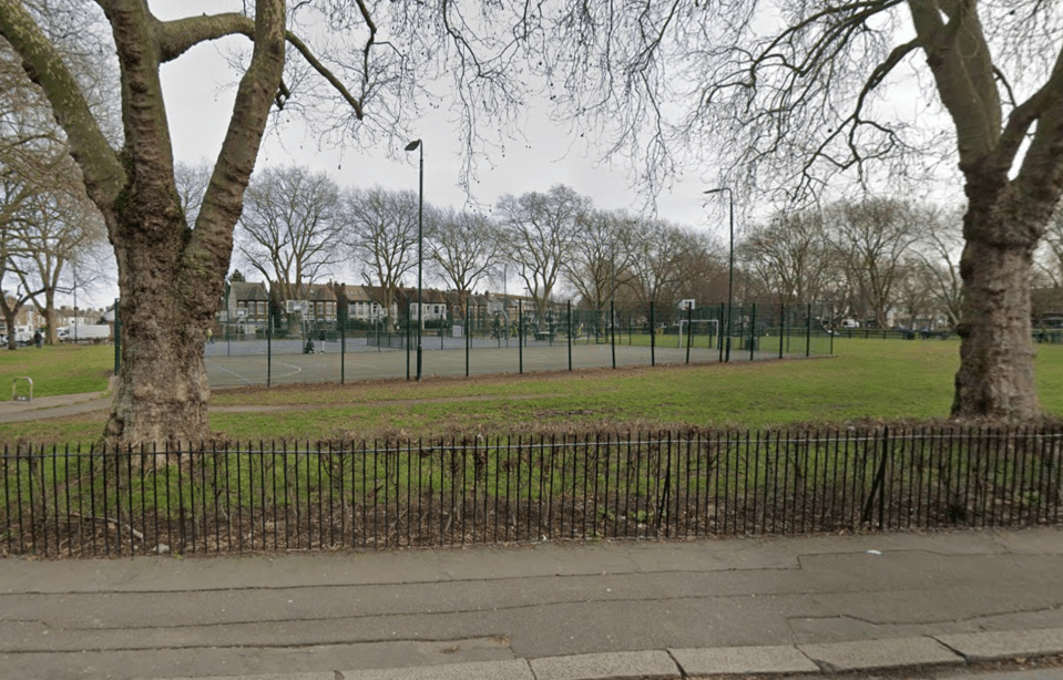 a basketball court in a park with a fence around it