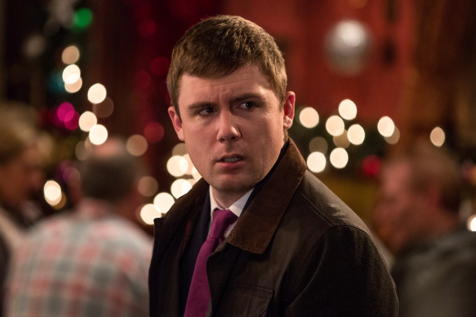 a man in a brown jacket and purple tie looks at the camera