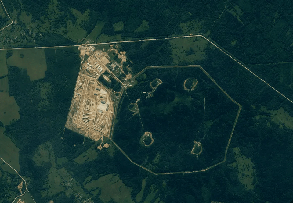 A satellite image which shows five Russian nuclear warhead storage bunkers (right) as well as launch positions, according to researchers