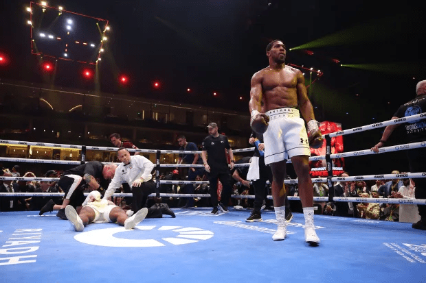 anthony joshua stands in the middle of a boxing ring