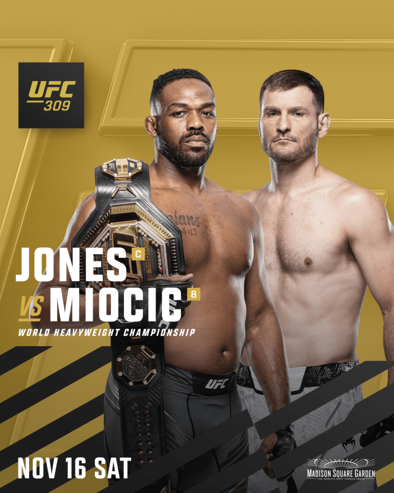 a poster for the ufc 309 showing jones and miocic