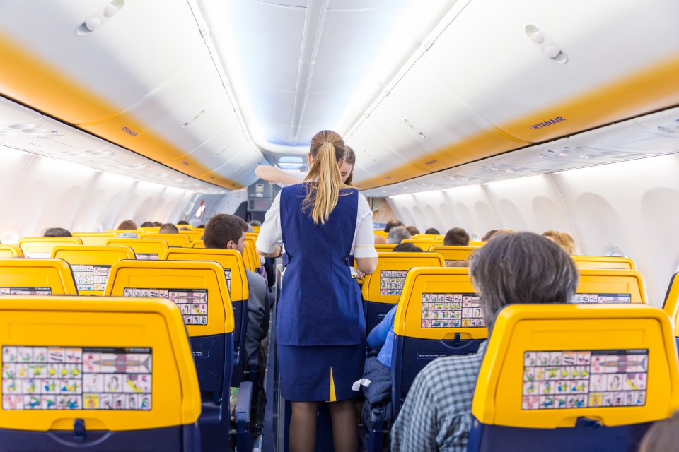 a stewardess stands in front of a row of ryanair seats