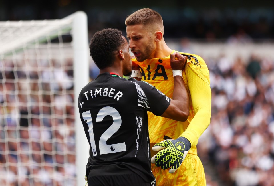 Jurrien Timber had been confronted by Spurs keeper Guglielmo Vicario for a tackle he made on Pedro Porro