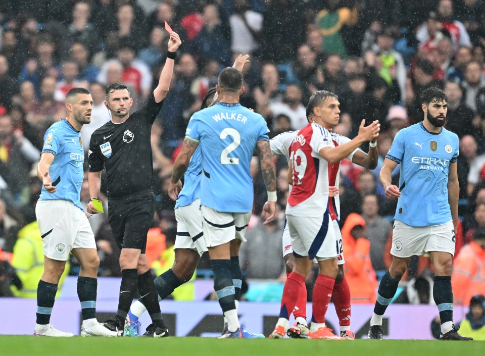 Michael Oliver sent Leandro Trossard off against Man City last week