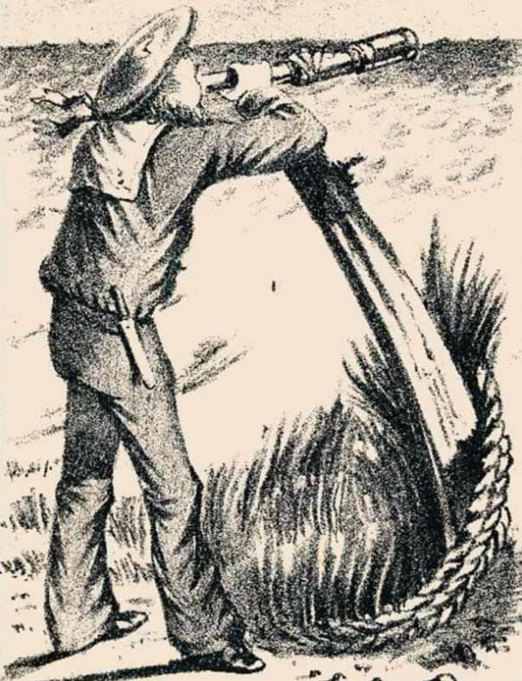 a black and white drawing of a man looking through a telescope .