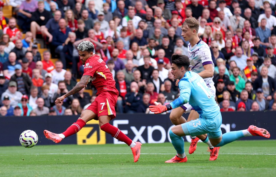 Diaz's first goal came in the 26th minute as he slotted past Kepa Arrizabalaga