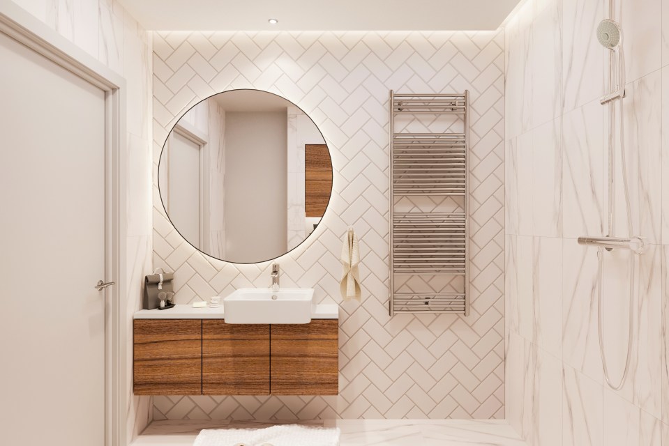 Top tip here is to mix marble with more matte tiles so you can play around more with patterns