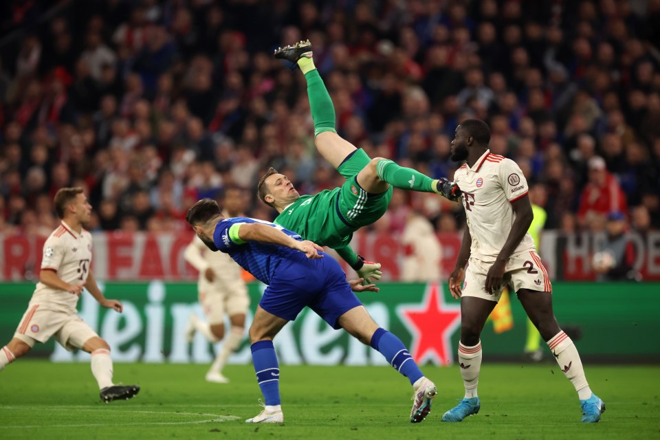 Manuel Neuer looked as though he had tried a spectacular bicycle kick during Bayern Munich's 9-2 victory over Dinamo Zagreb