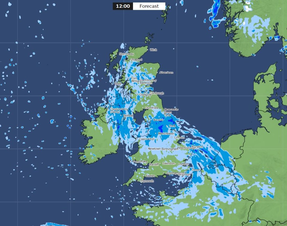 a map of the united kingdom with a forecast at 12:00