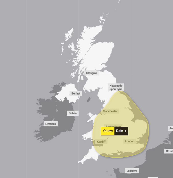 a map of the united kingdom shows a yellow rain warning