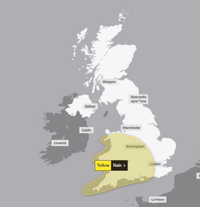 a map of the united kingdom shows a yellow rain warning