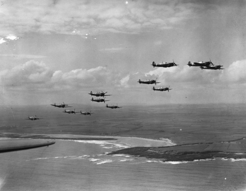 RAF Supermarine Spitfires on patrol over the British coast in 1940