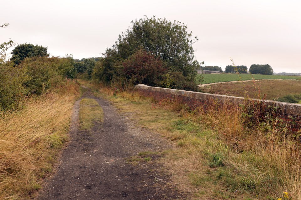 a dirt road with a stone wall on the side of it