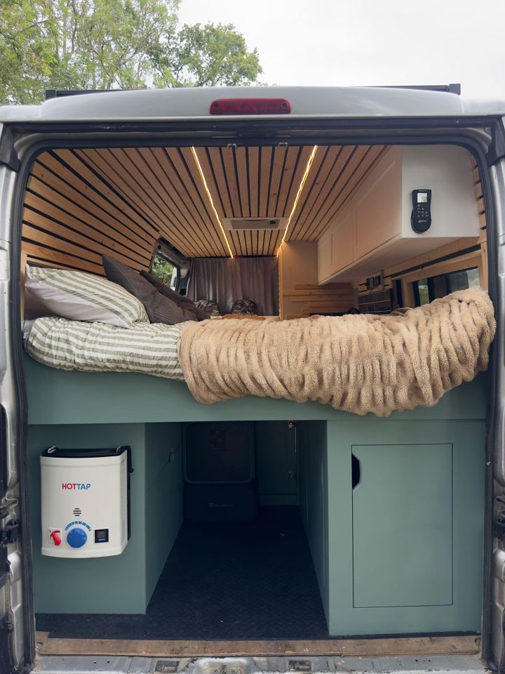 The van has hot water, electricity and solar panels