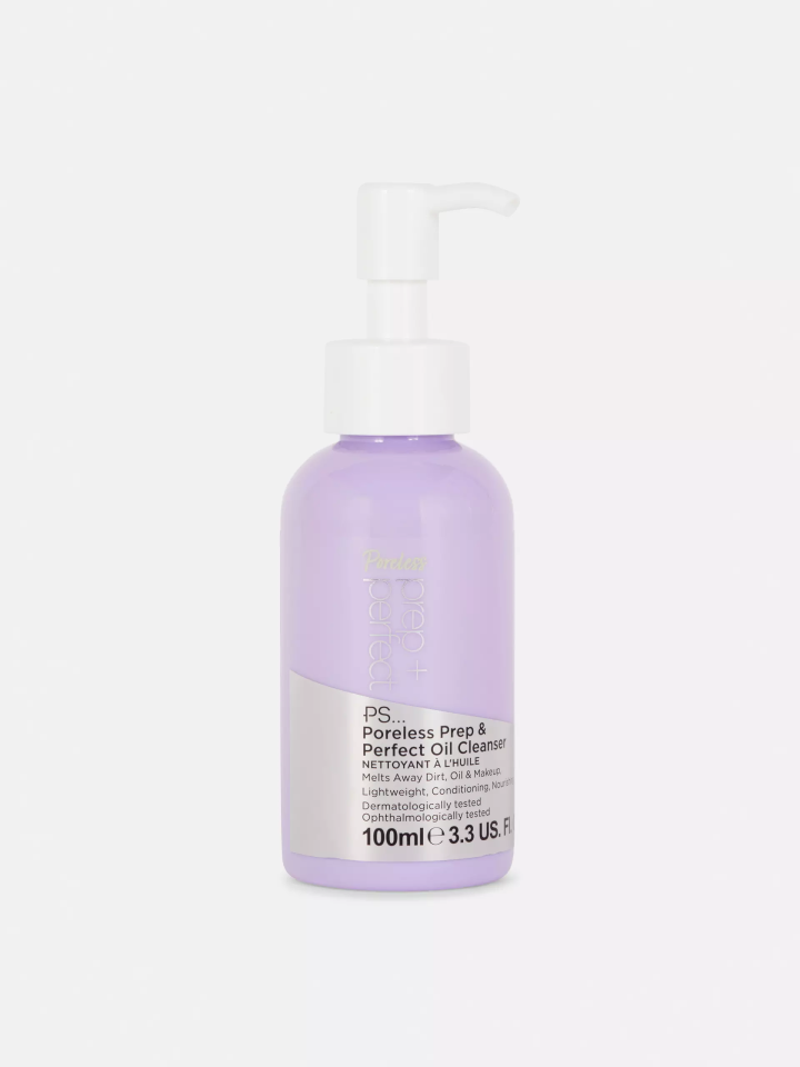 a purple bottle of ps cosmetics prep & perfect oil cleanser