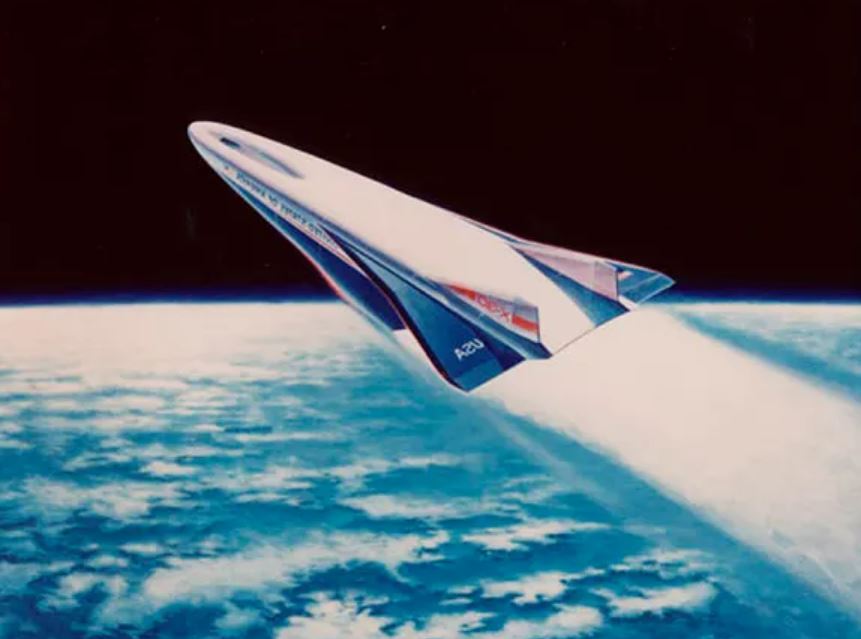 an artist 's impression of a space shuttle flying over the earth