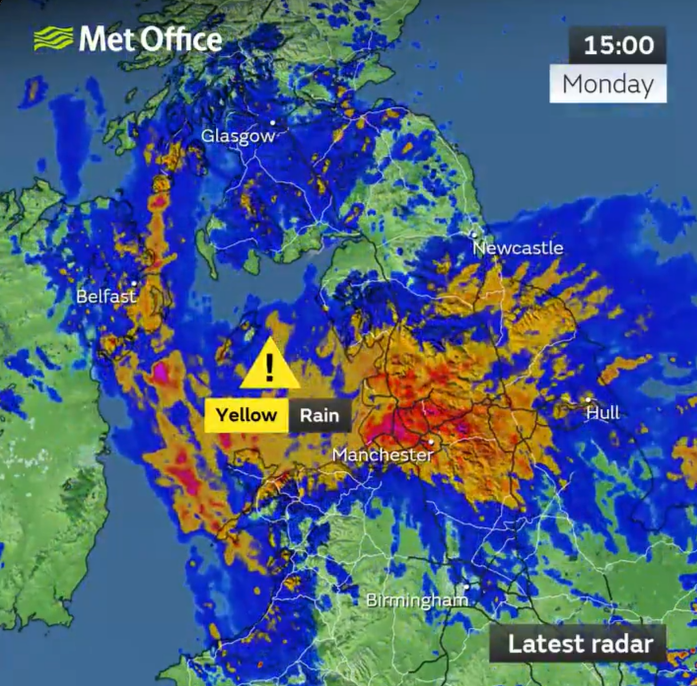 a met office map showing a yellow rain warning