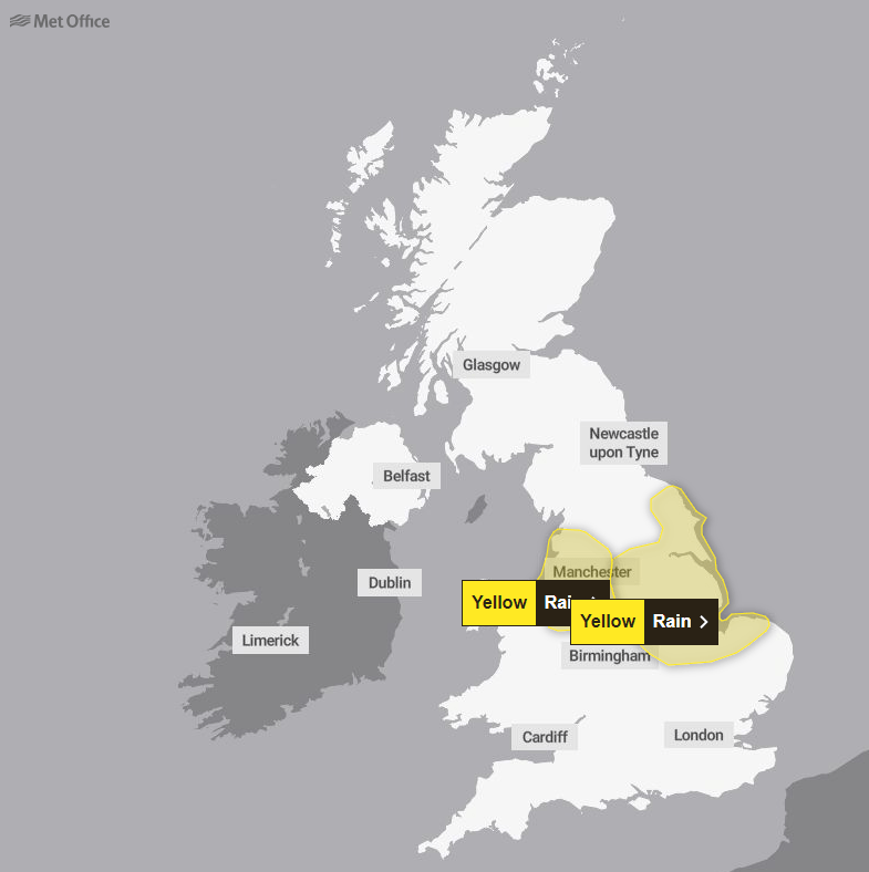 a map of the united kingdom shows a yellow rain warning