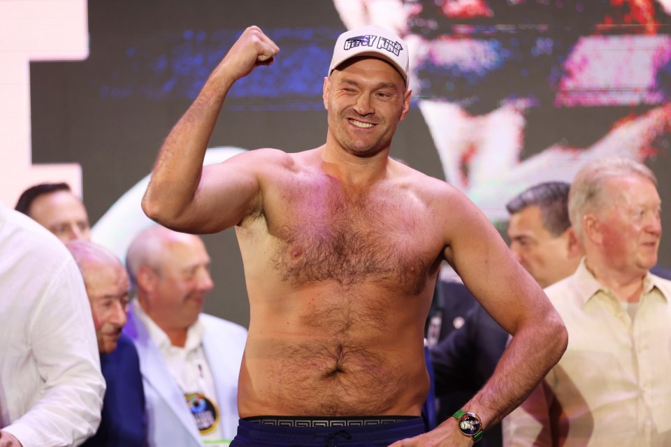 RIYADH, SAUDI ARABIA - MAY 17: Tyson Fury poses after weighing in ahead of the IBF, WBA, WBC and WBO heavyweight titles' fight between Tyson Fury and Oleksandr Usyk during the Ring Of Fire Official weigh-in at BLVD City - Music World on May 17, 2024 in Riyadh, Saudi Arabia. (Photo by Richard Pelham/Getty Images)