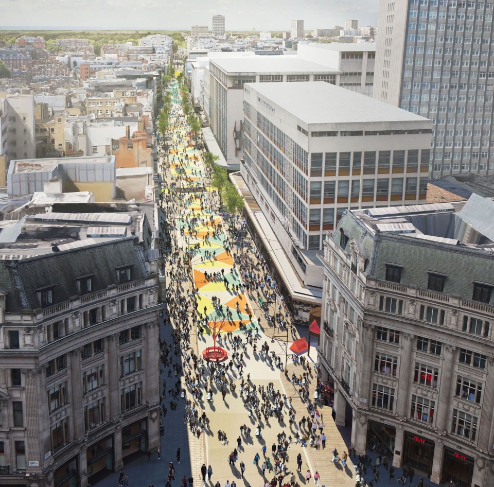 an aerial view of a busy city street with lots of people