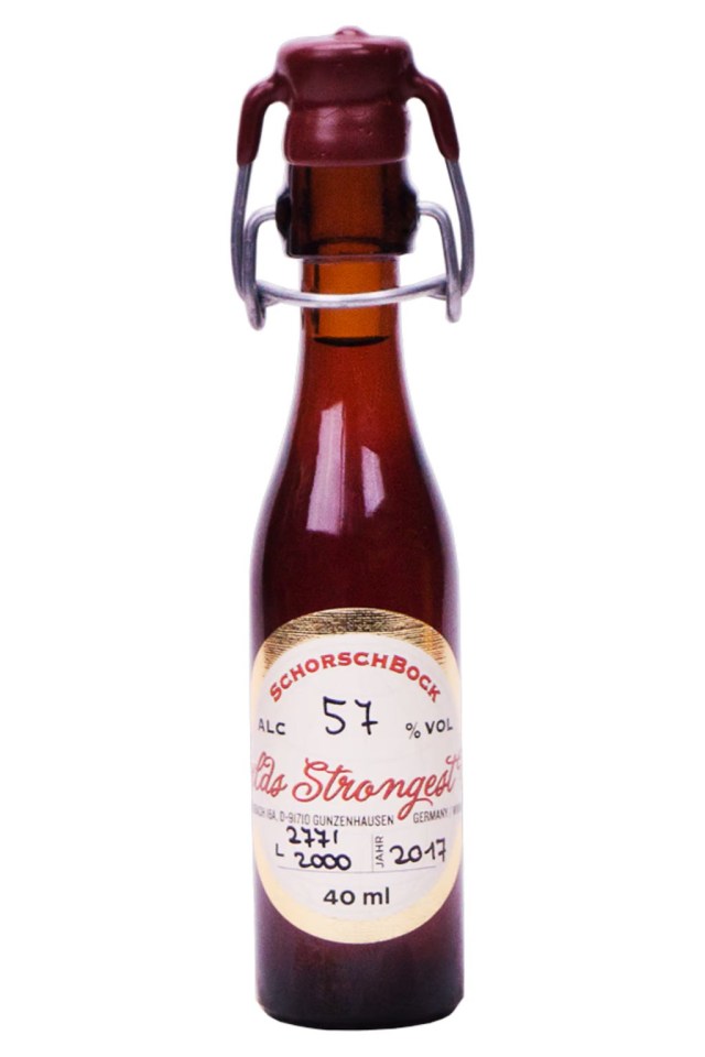 a small bottle of schorschbock beer with a white label