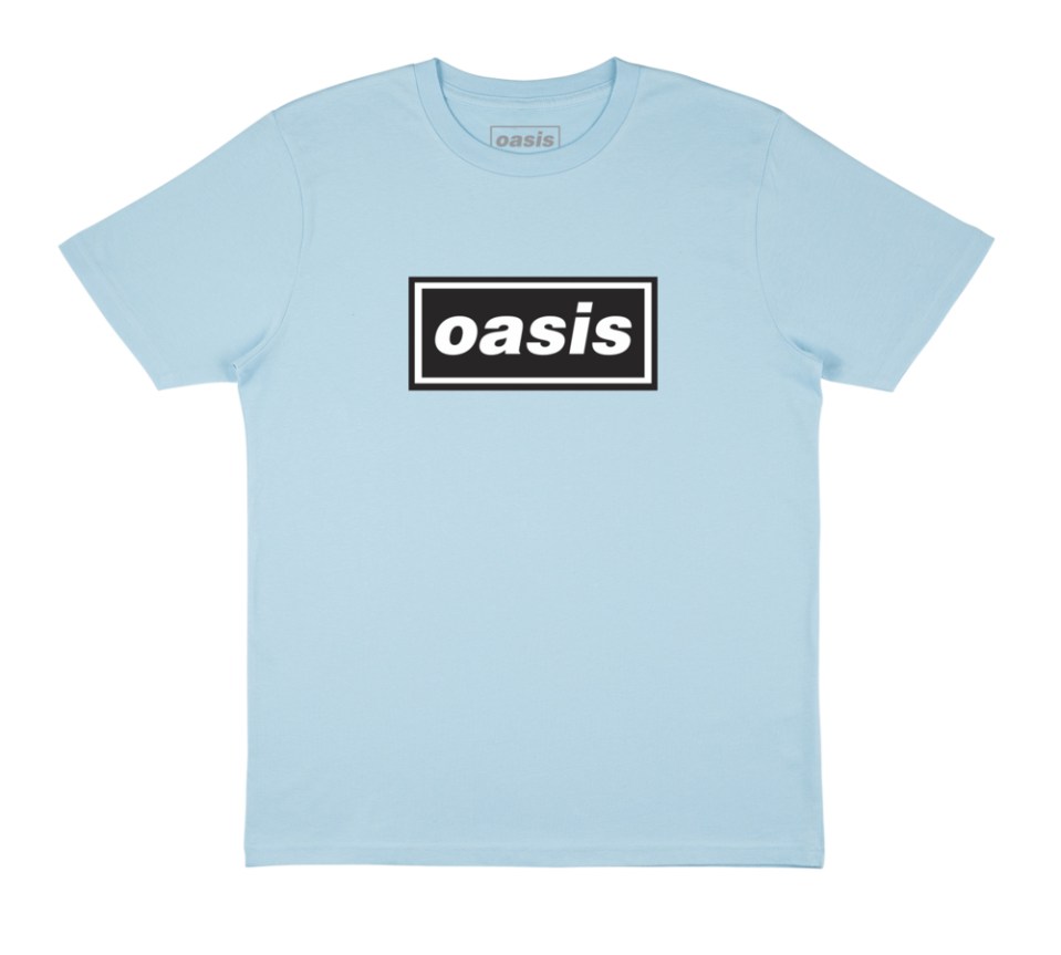 a light blue t-shirt with the oasis logo on it