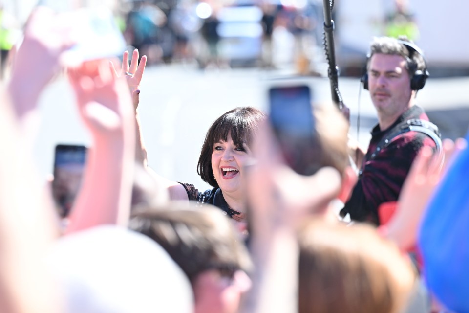 James, 46, and Ruth, 57, could be seen greeting the dozens of fans who came to watch the shoot