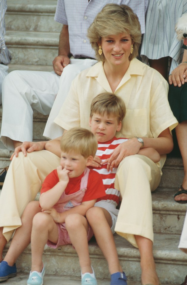 princess diana sits on a set of stairs with two children