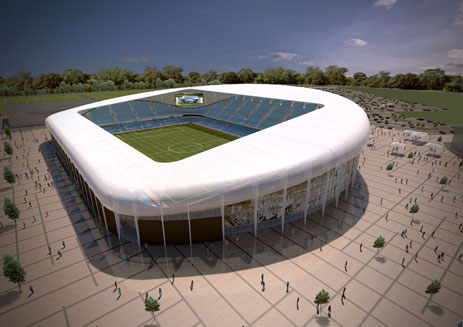 an artist 's impression of a soccer stadium with blue seats