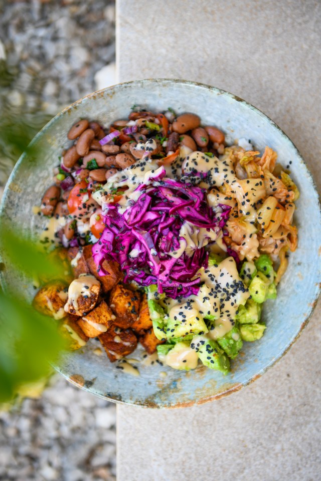 Plant-based meals include spicy lentil dahl with black rice and rice bowls with fresh vegetables