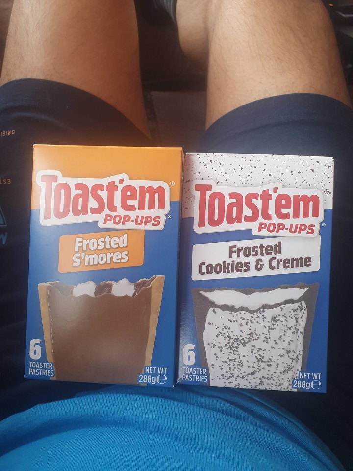 two boxes of frosted s'mores and frosted cookies and creme toaster pastries