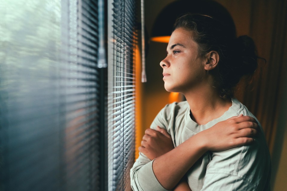 a woman looking out a window with blinds on