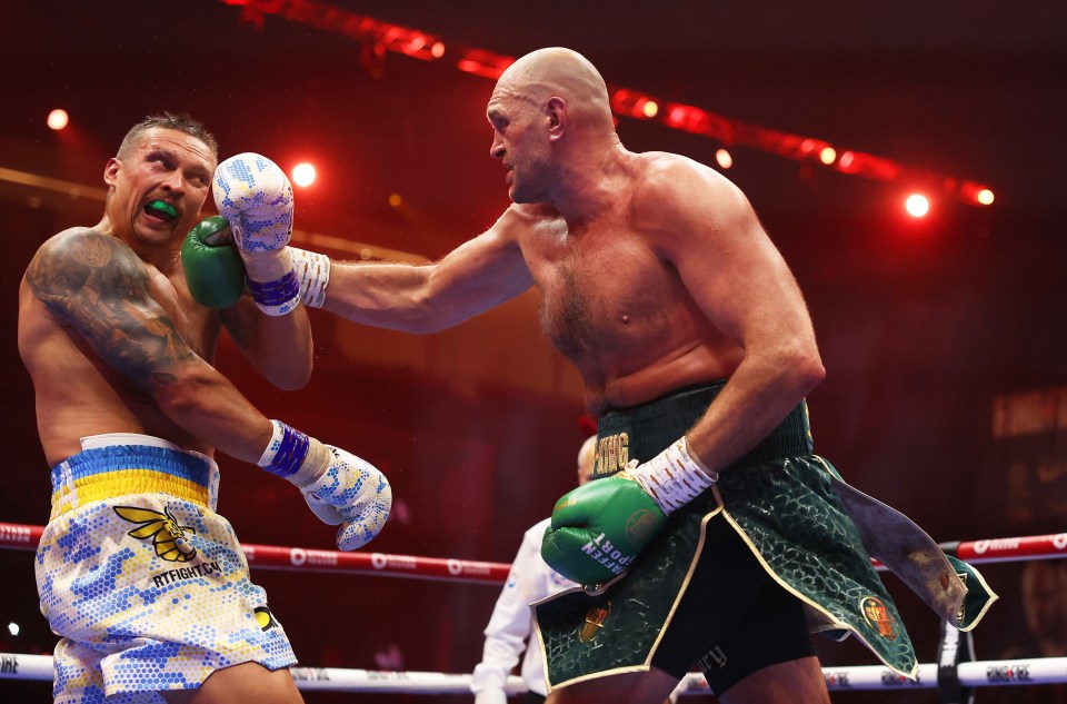 two men in boxing gloves one of whom has the word tyrone on his shorts