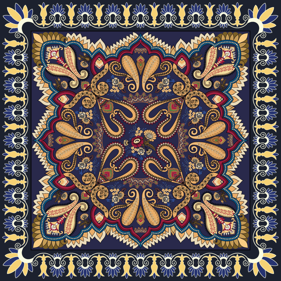 a colorful paisley pattern on a dark blue background