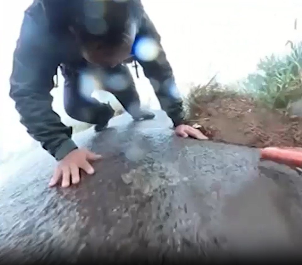 a man is kneeling on the ground while holding a hose .