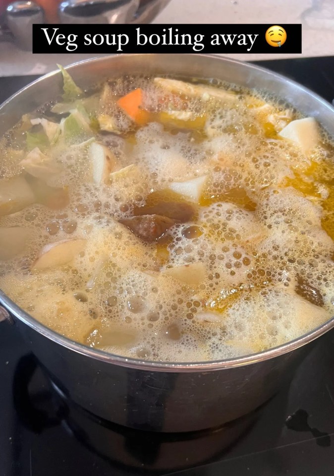 a pot of veg soup boiling away on a stove