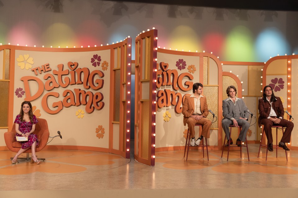 four people are sitting in front of a sign that says the dating game