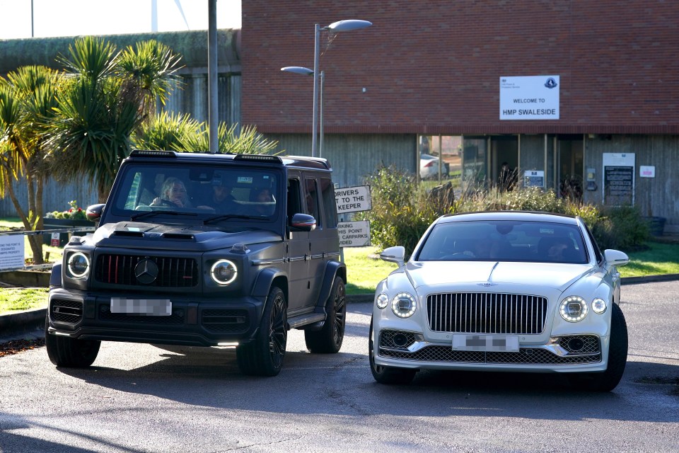 Mercedes and Bentley cars escort lags from HM Prison Swaleside on the Isle of Sheppey, Kent