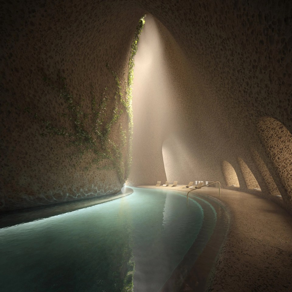 an artist 's impression of a swimming pool in a cave