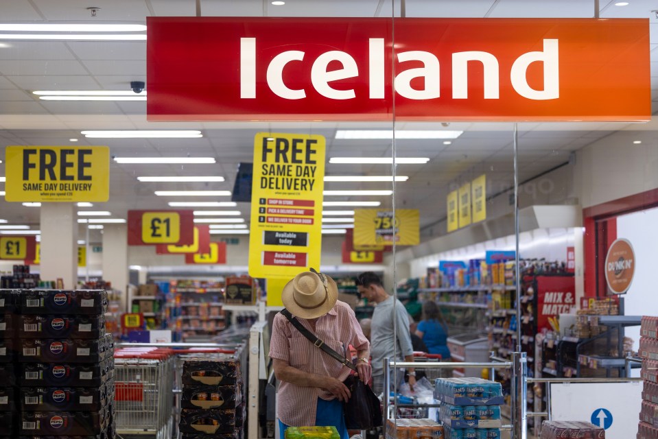 the inside of an iceland store with a free same day delivery sign