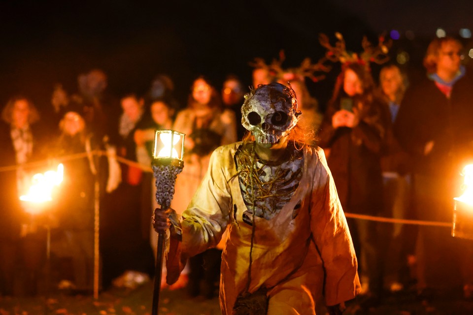 a person in a skeleton costume holding a torch