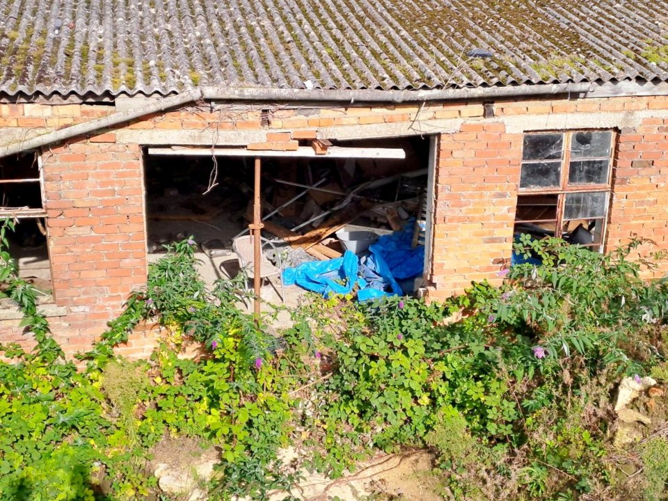 The crumbling house has a large hole and exposed internal walls