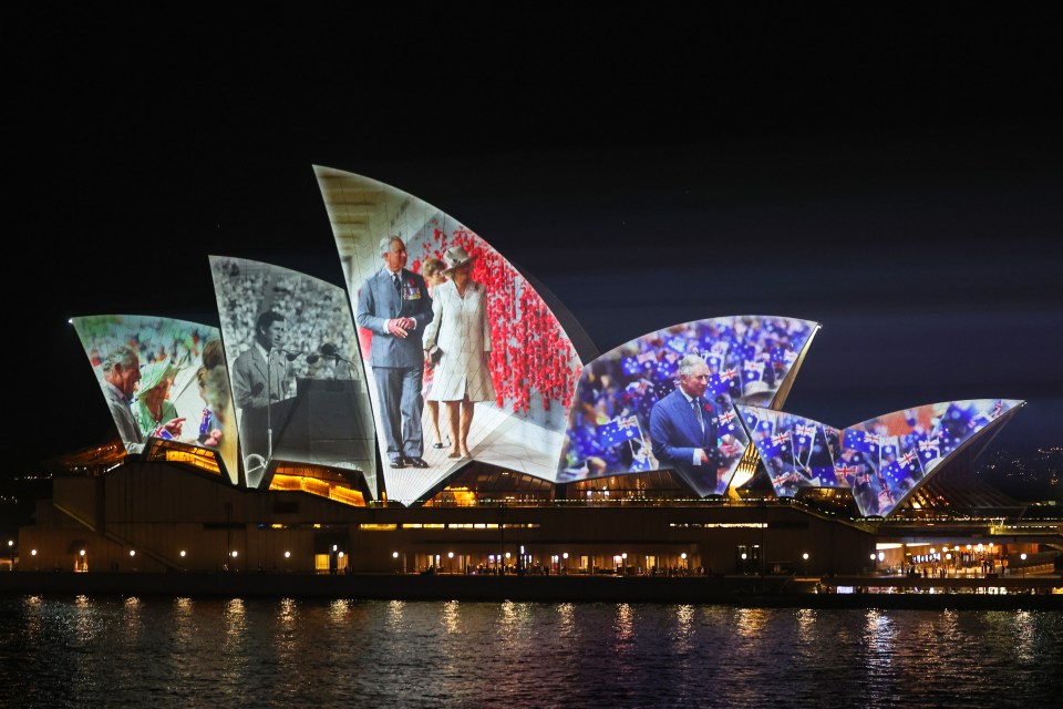 Images from previous royal visits projected onto the Sydney Opera House