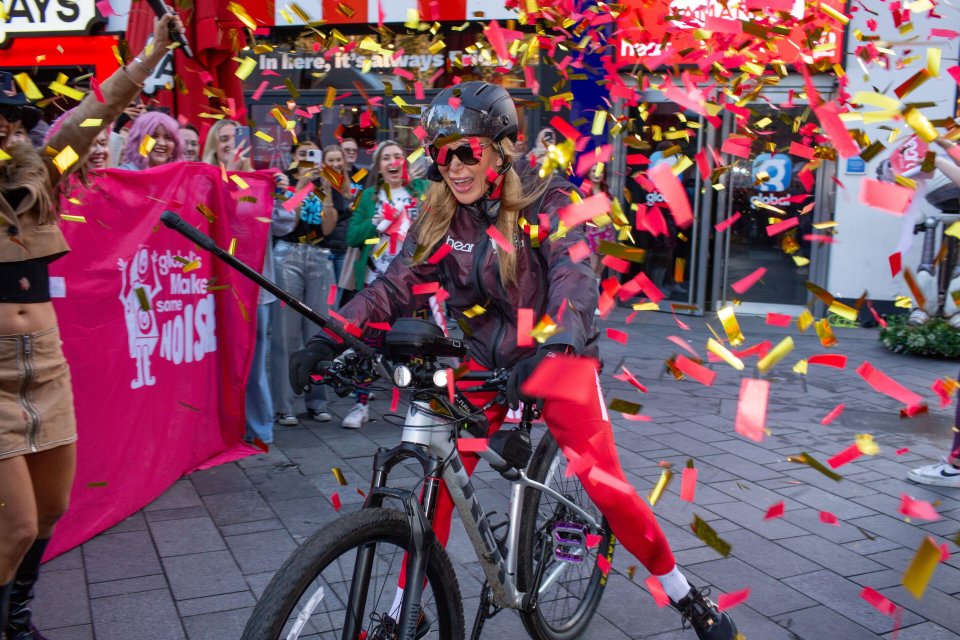 Amanda Holden finished her mammoth 250-mile charity bike ride in London’s Leicester Square yesterday