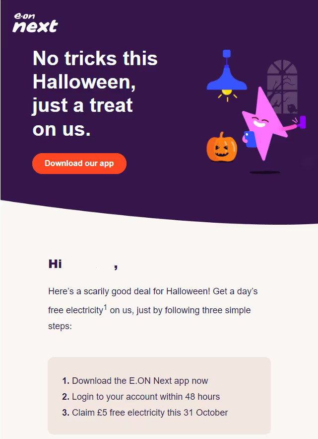 an email from eon next that says no tricks this halloween just a treat on us